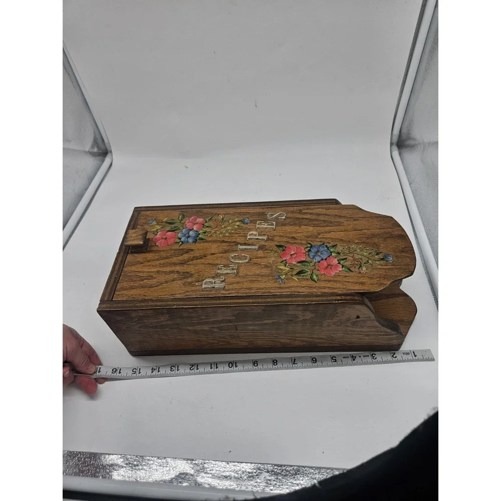 Vintage Wall Mounted Wooden Recipe Box w Fold-out Door